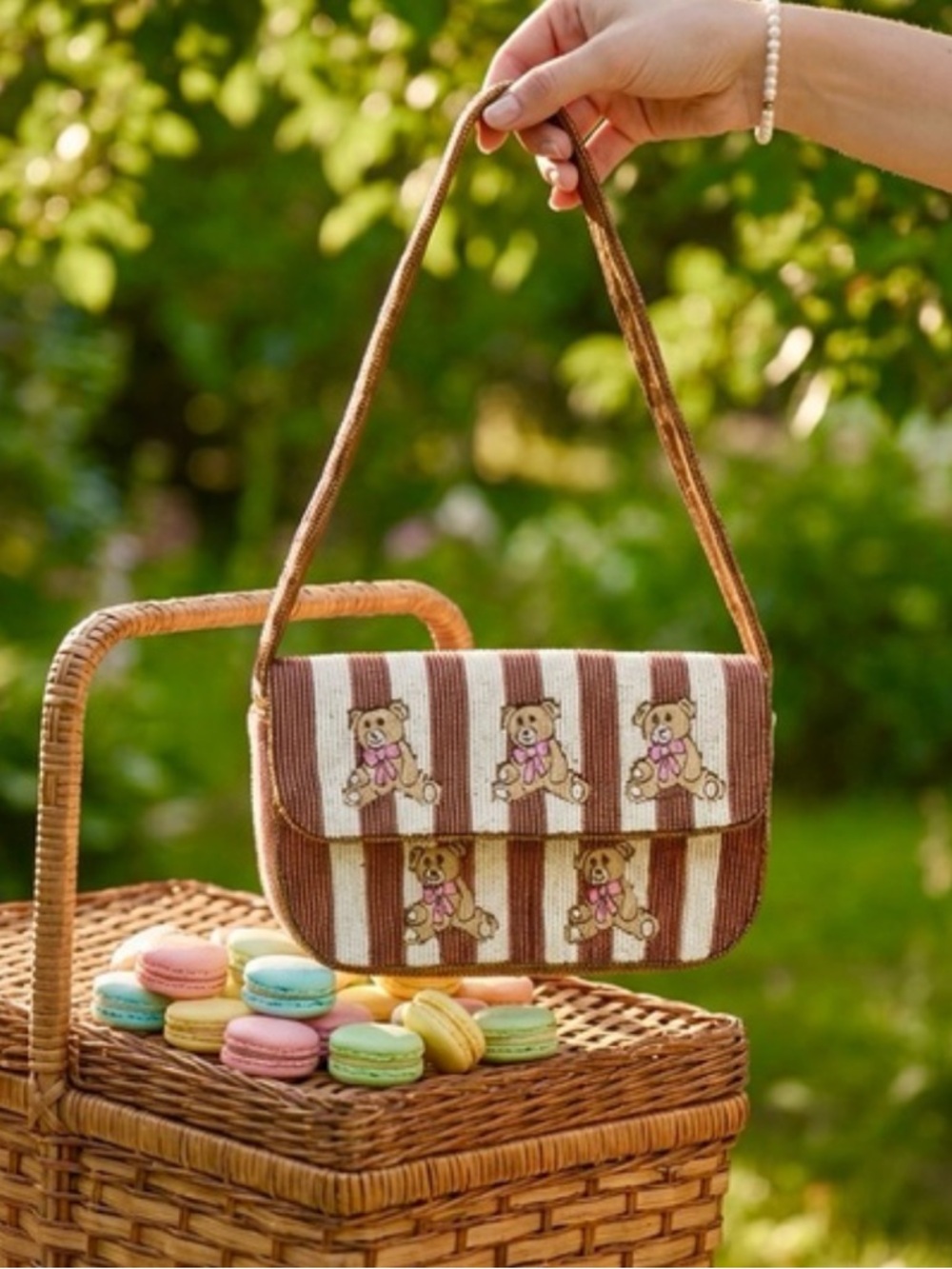 Striped Teddy Appliqué Shoulder Bag in Brown and Cream, NWT